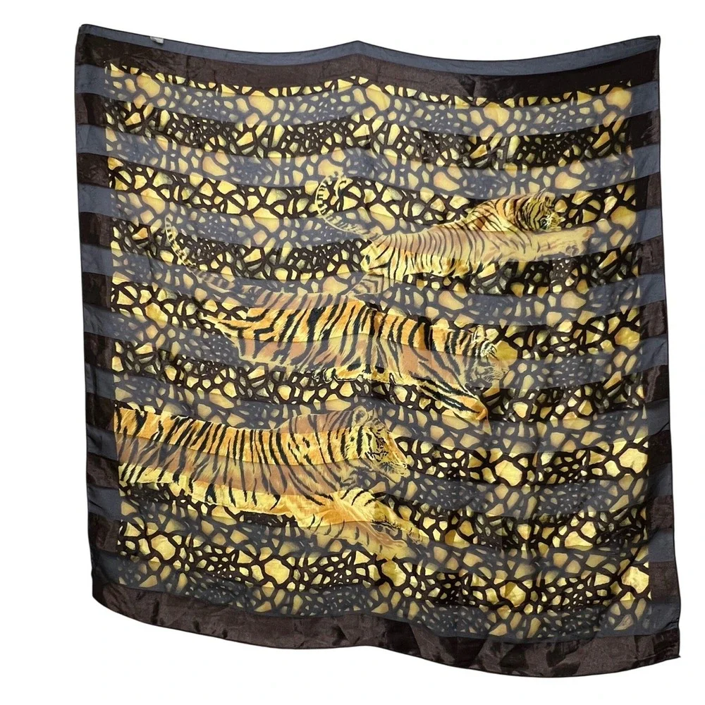 Unbranded Womens Square Scarf Tiger Animal Print 39x39 Brown Gold Sheer Wrap